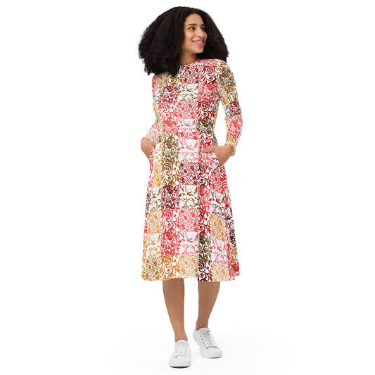 All-over print long sleeve midi dress