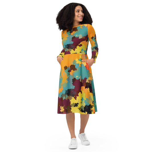 All-over print long sleeve midi dress