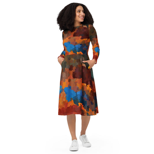 All-over print long sleeve midi dress