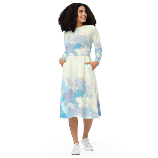 All-over print long sleeve midi dress