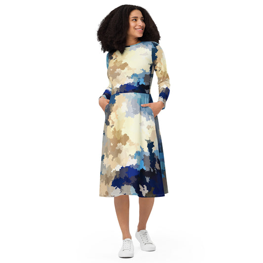 All-over print long sleeve midi dress