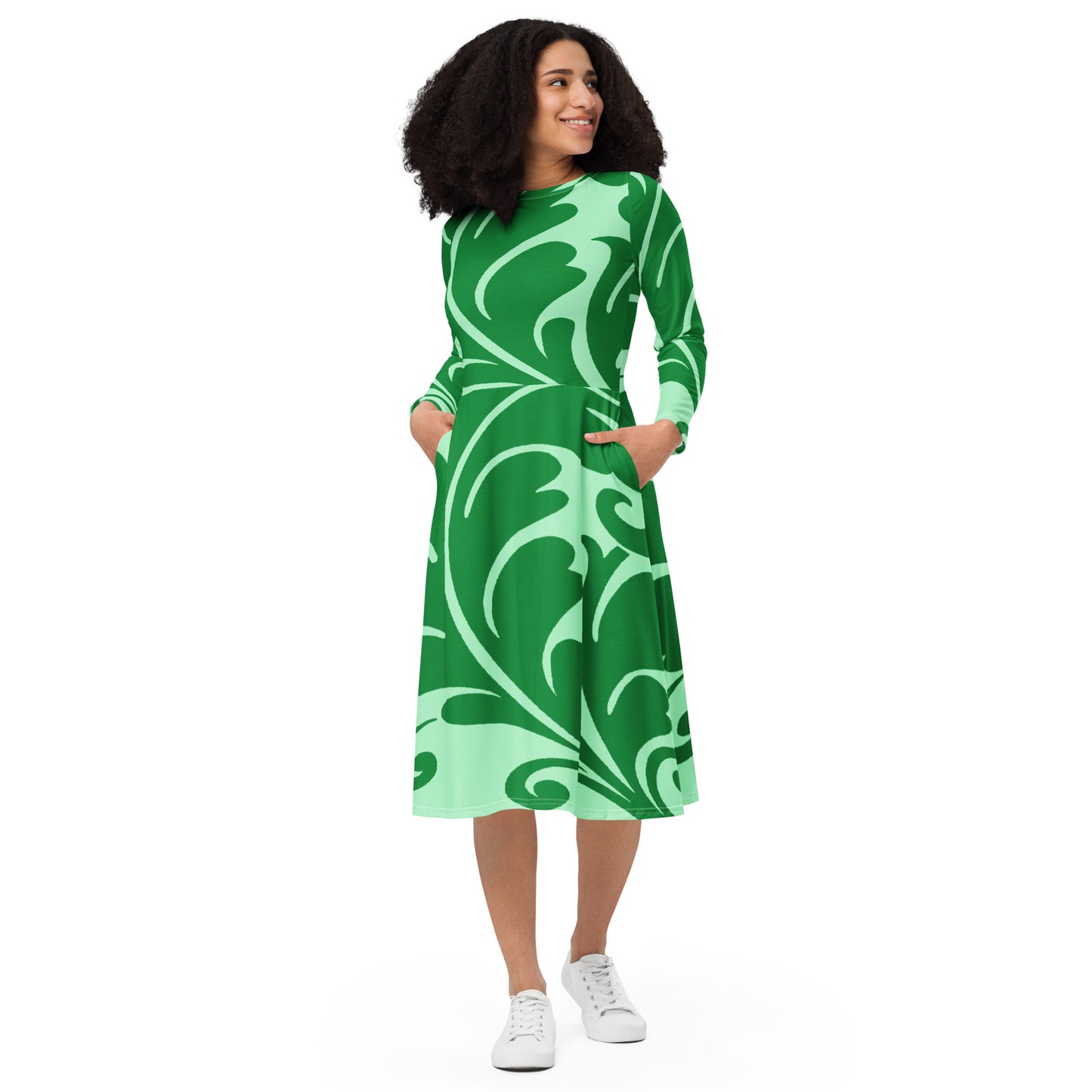 All-over print long sleeve midi dress