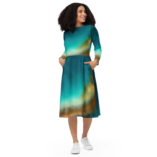 All-over print long sleeve midi dress