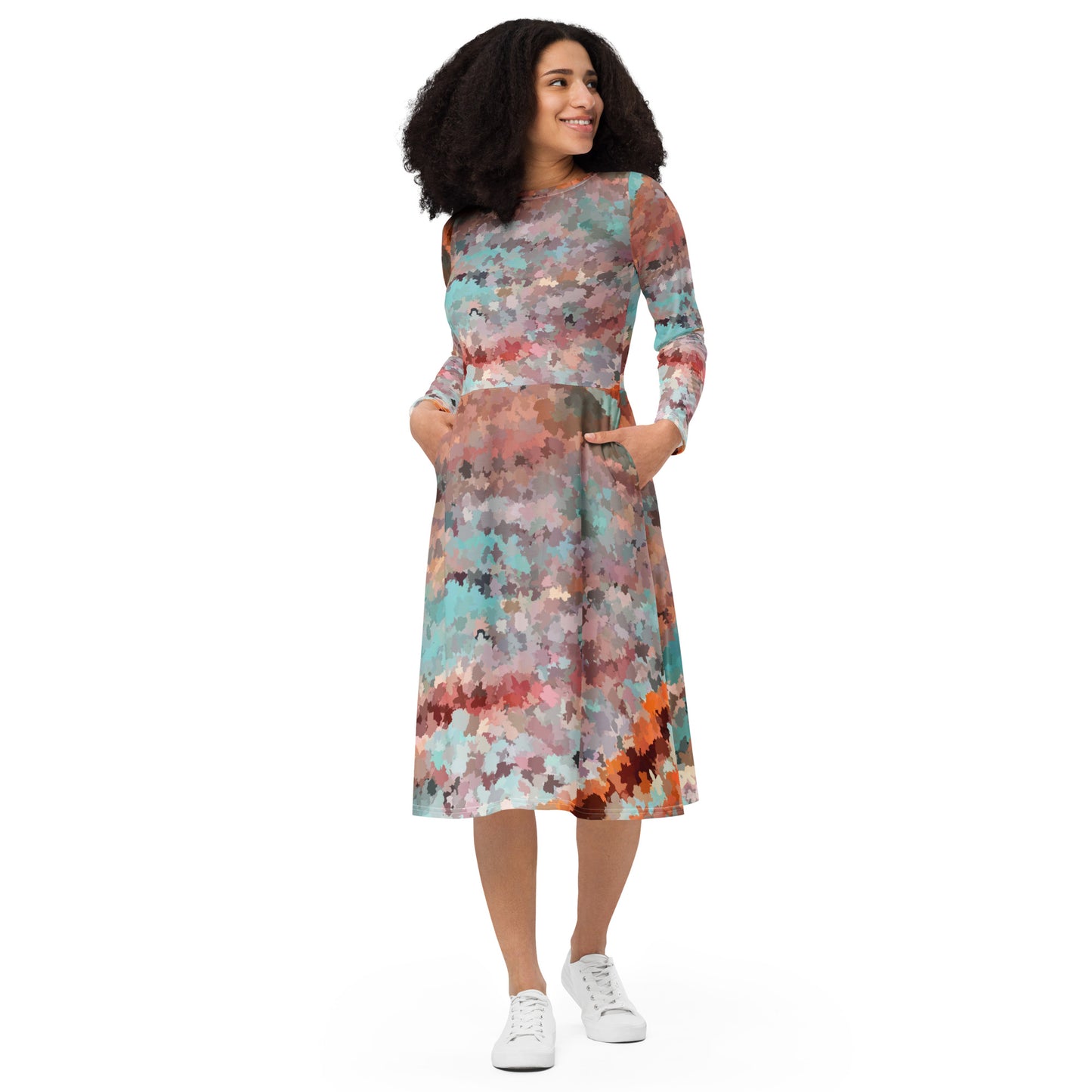 All-over print long sleeve midi dress