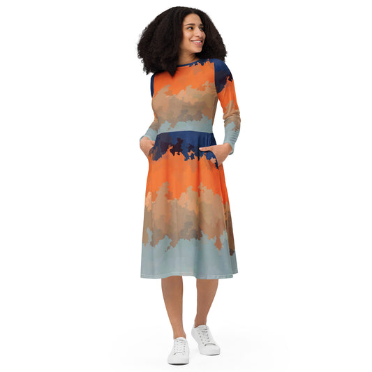 All-over print long sleeve midi dress