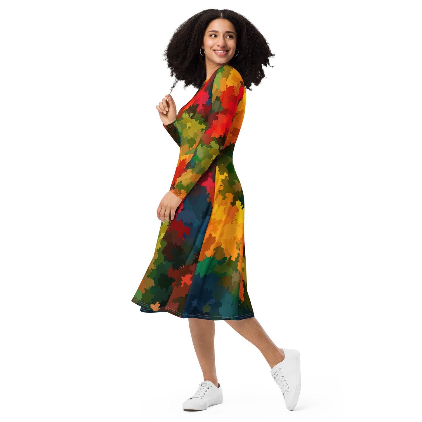 All-over print long sleeve midi dress