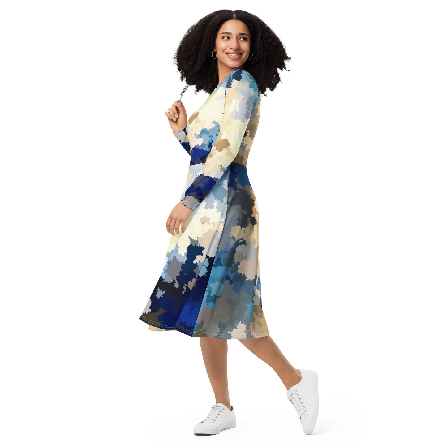 All-over print long sleeve midi dress