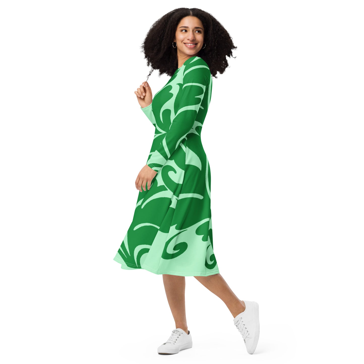 All-over print long sleeve midi dress