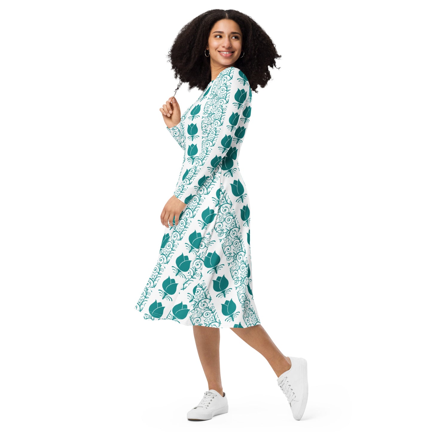 All-over print long sleeve midi dress