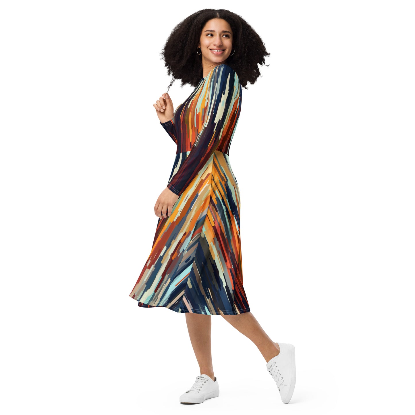 All-over print long sleeve midi dress