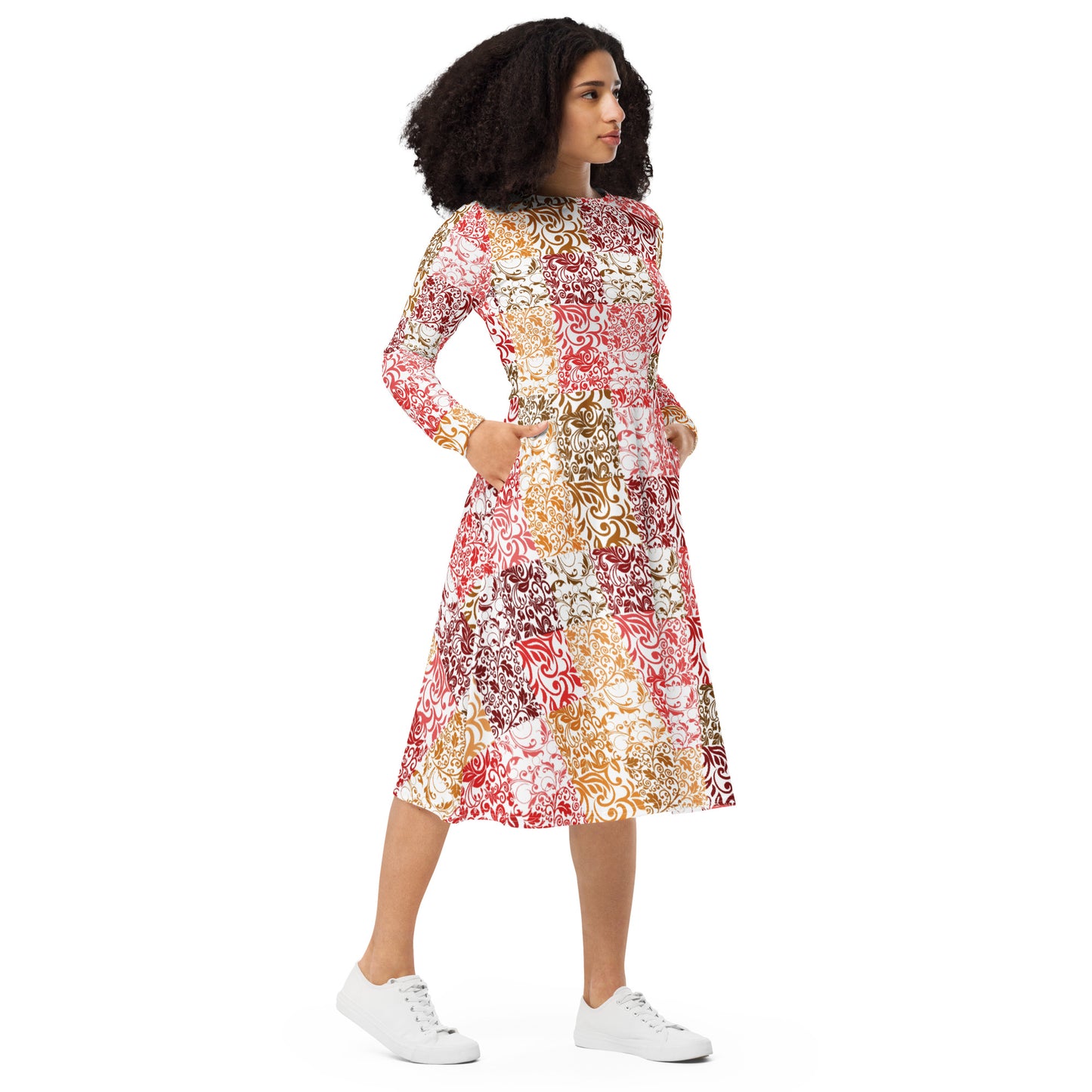 All-over print long sleeve midi dress