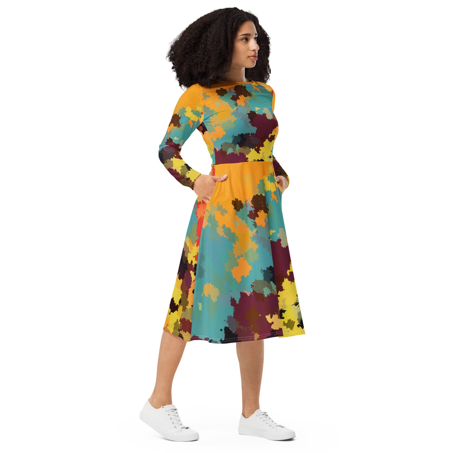 All-over print long sleeve midi dress