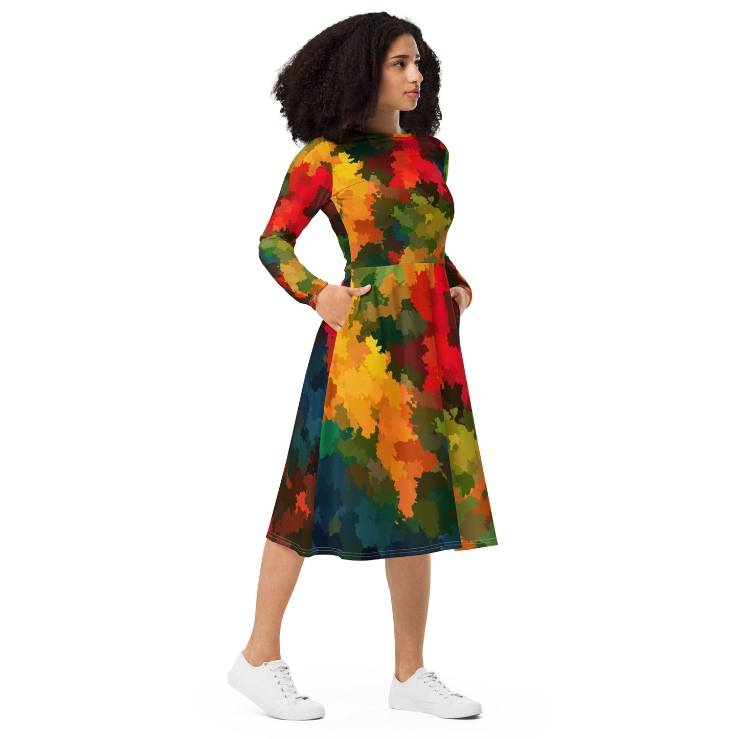 All-over print long sleeve midi dress