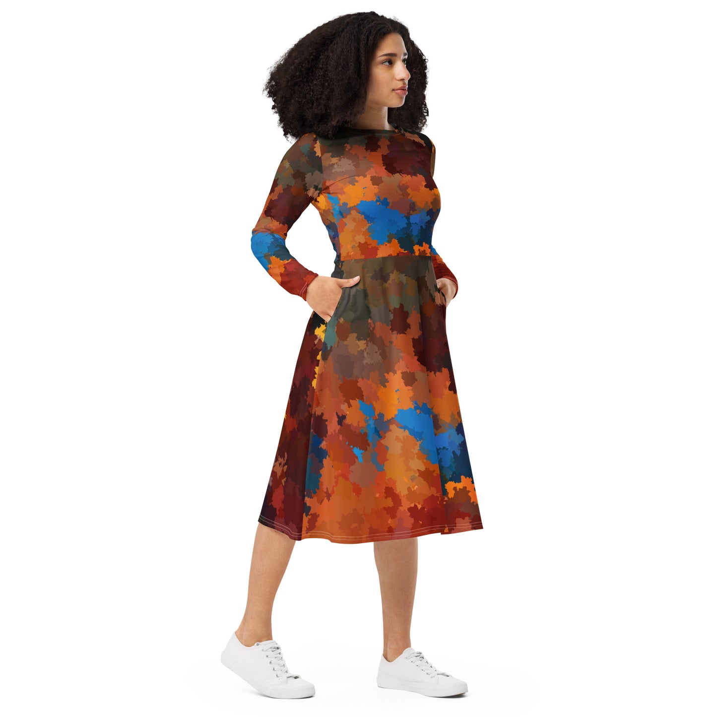 All-over print long sleeve midi dress