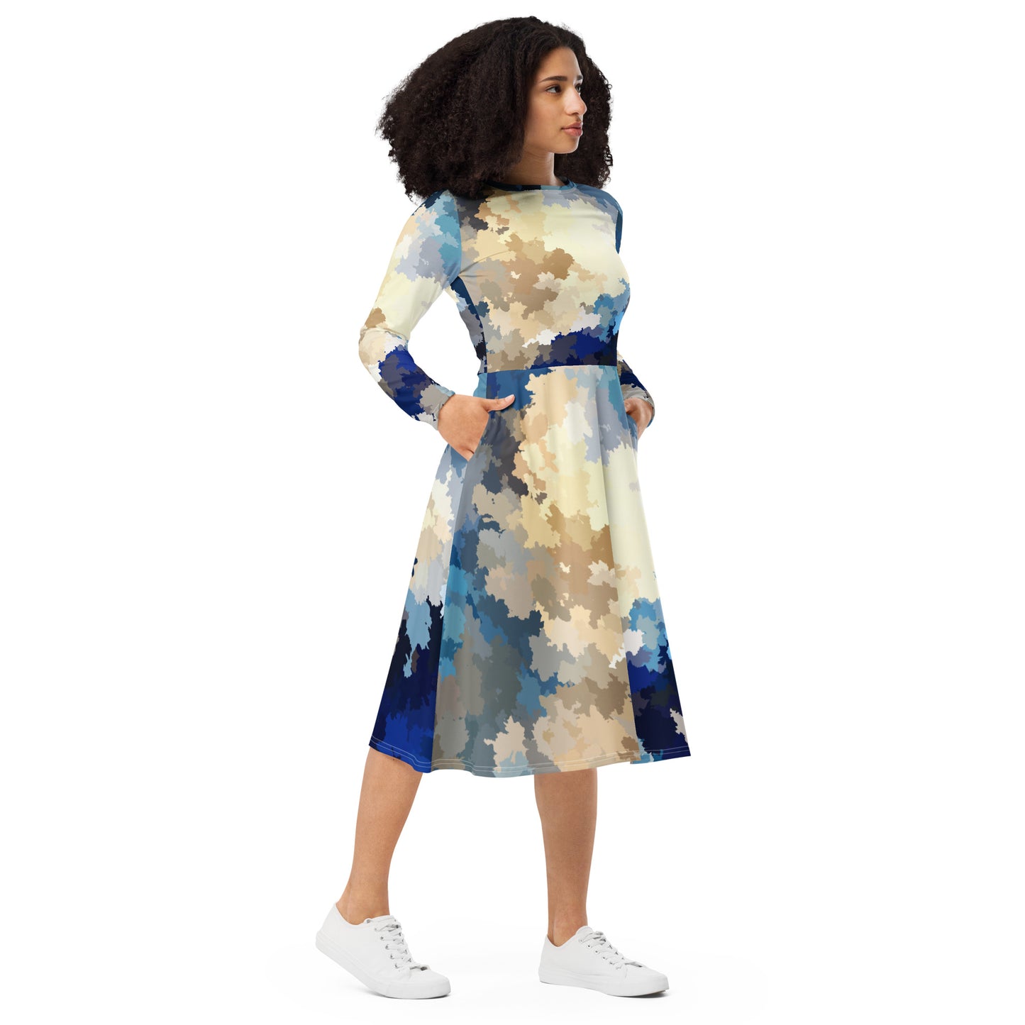 All-over print long sleeve midi dress