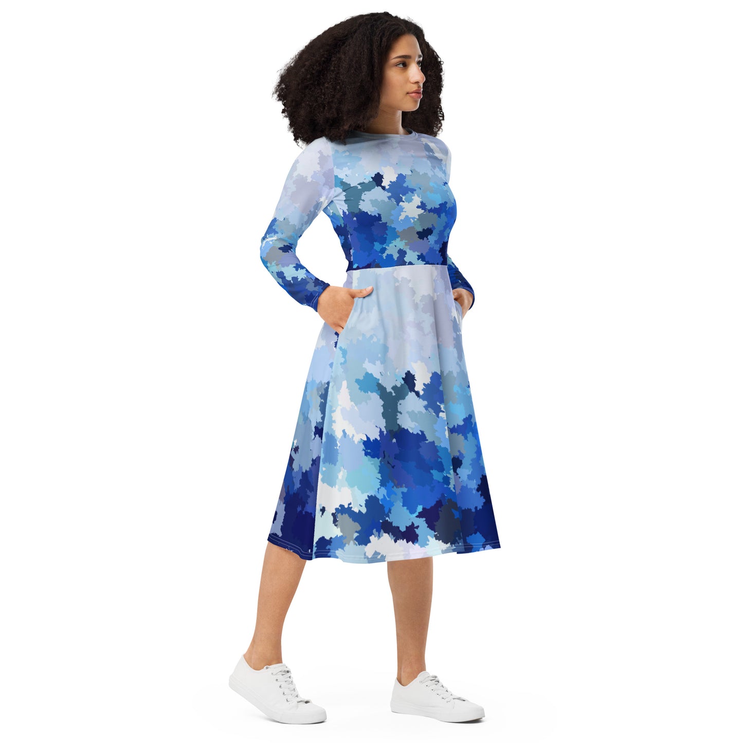 All-over print long sleeve midi dress