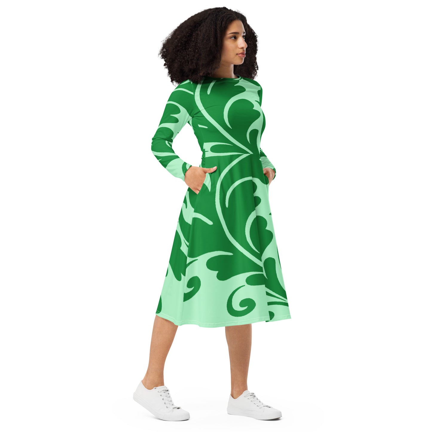 All-over print long sleeve midi dress