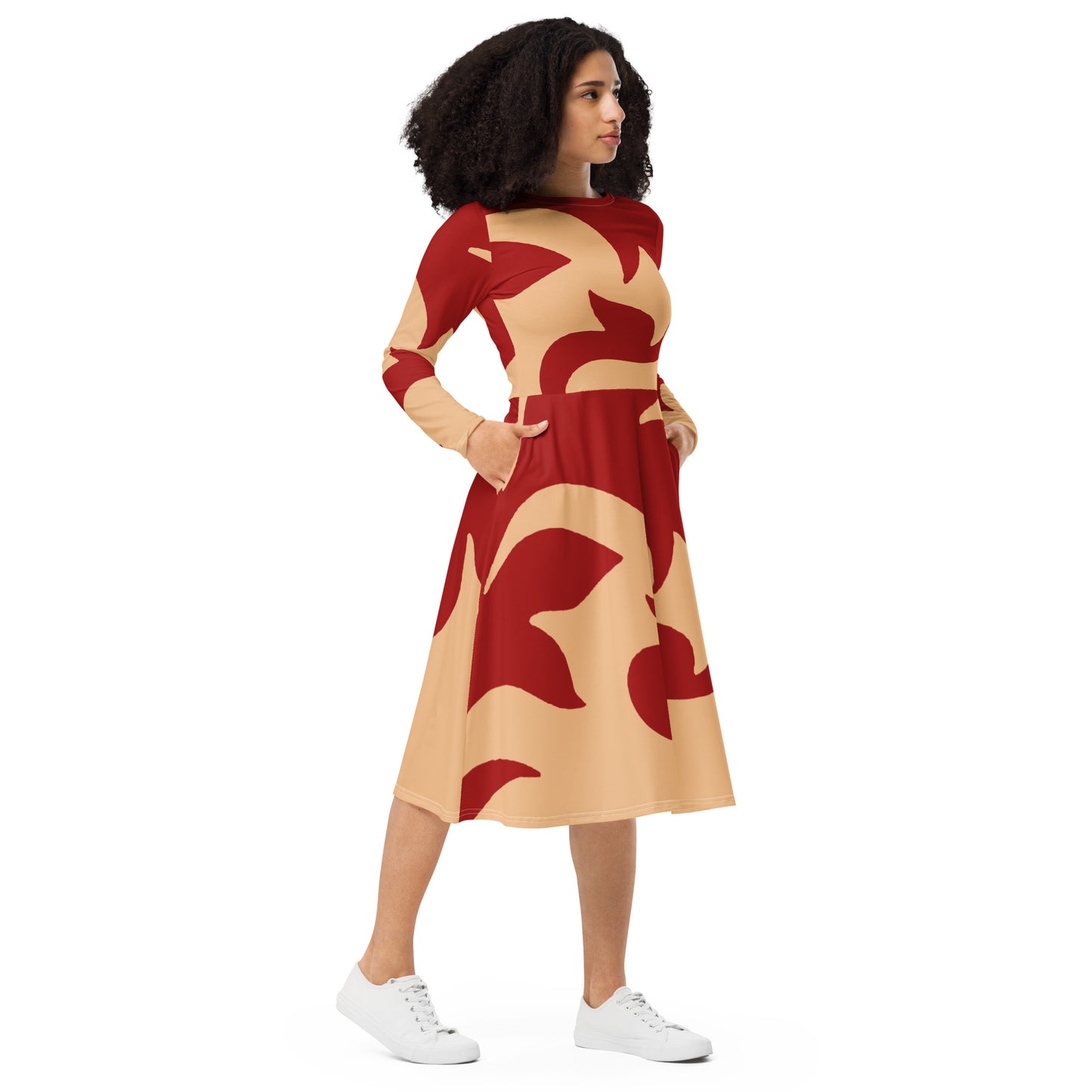 All-over print long sleeve midi dress