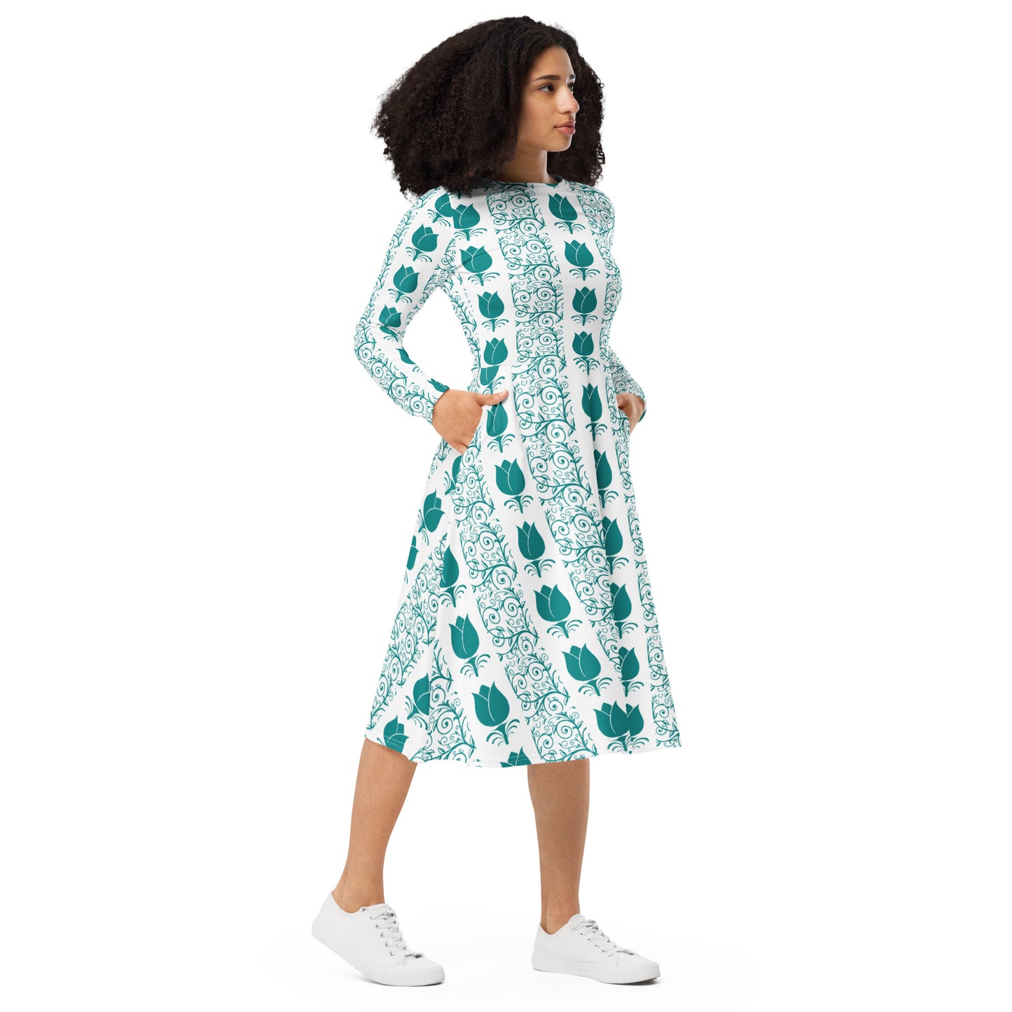 All-over print long sleeve midi dress