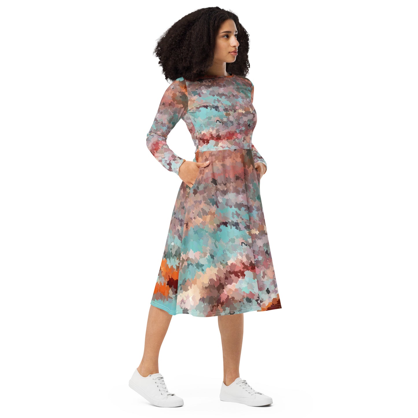 All-over print long sleeve midi dress