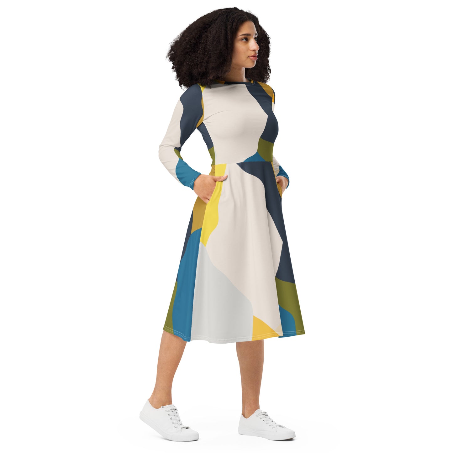 All-over print long sleeve midi dress